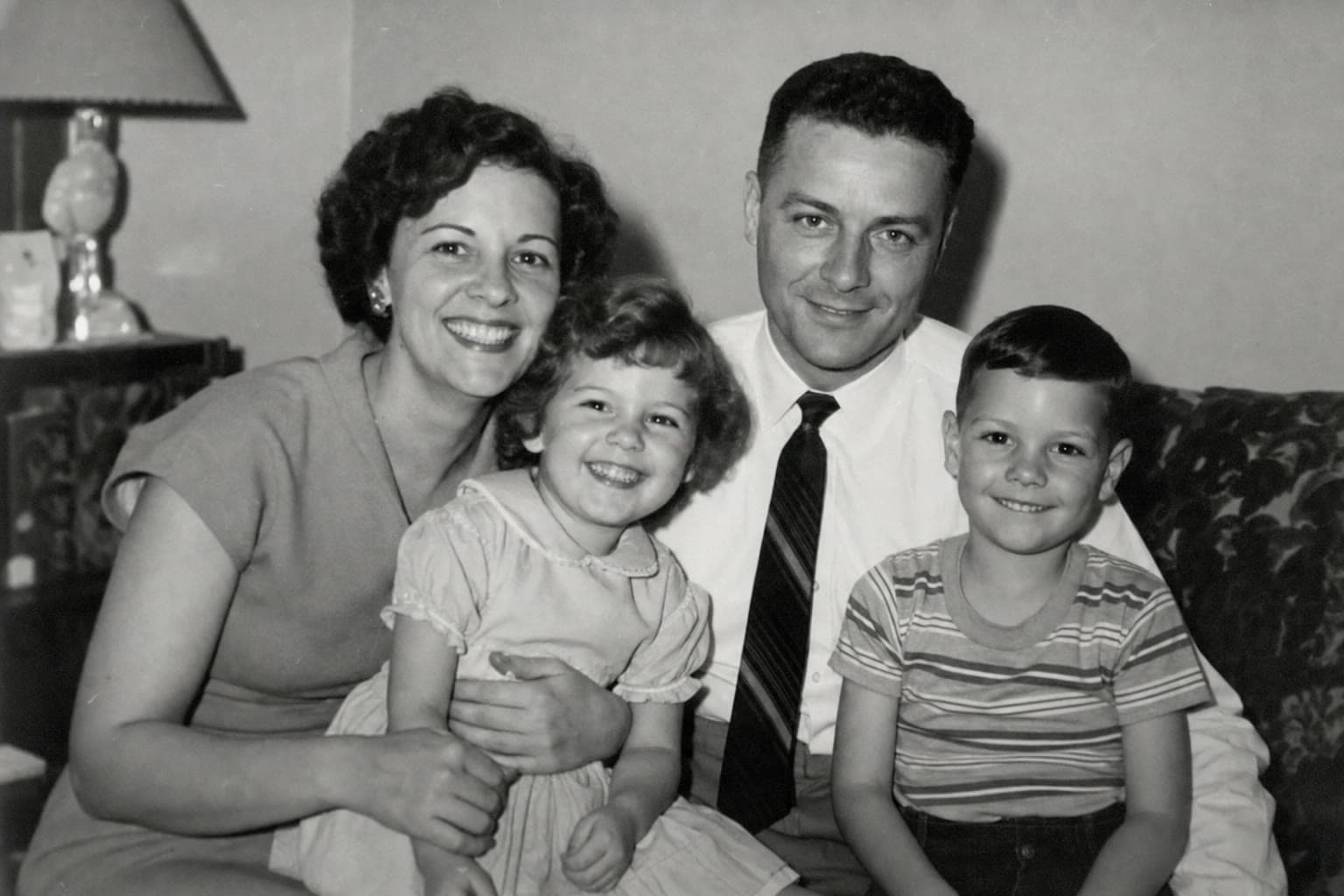 Black-and-white family portrait before AI colorization